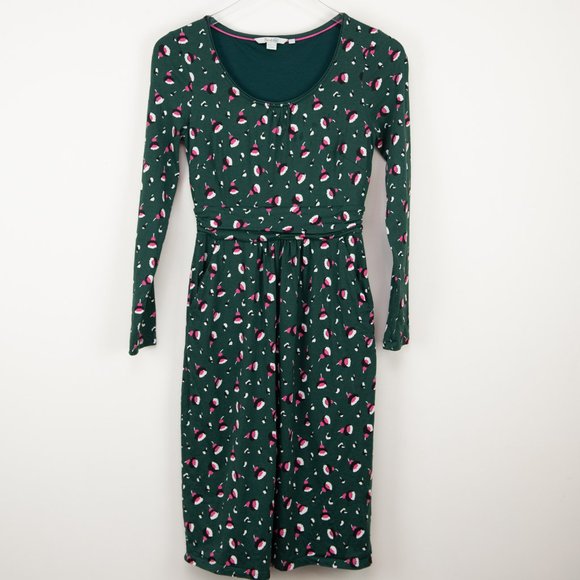 Boden Mabel Dress Midi Ruched Jersey Long Sleeve Floral Green Pink Size 4 Tall - Picture 2 of 7